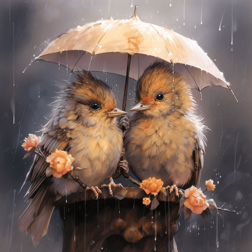 AI generated: An ultra hd detailed watercolor painting, Jean-Baptiste Monge style, a family of cute little birds g...