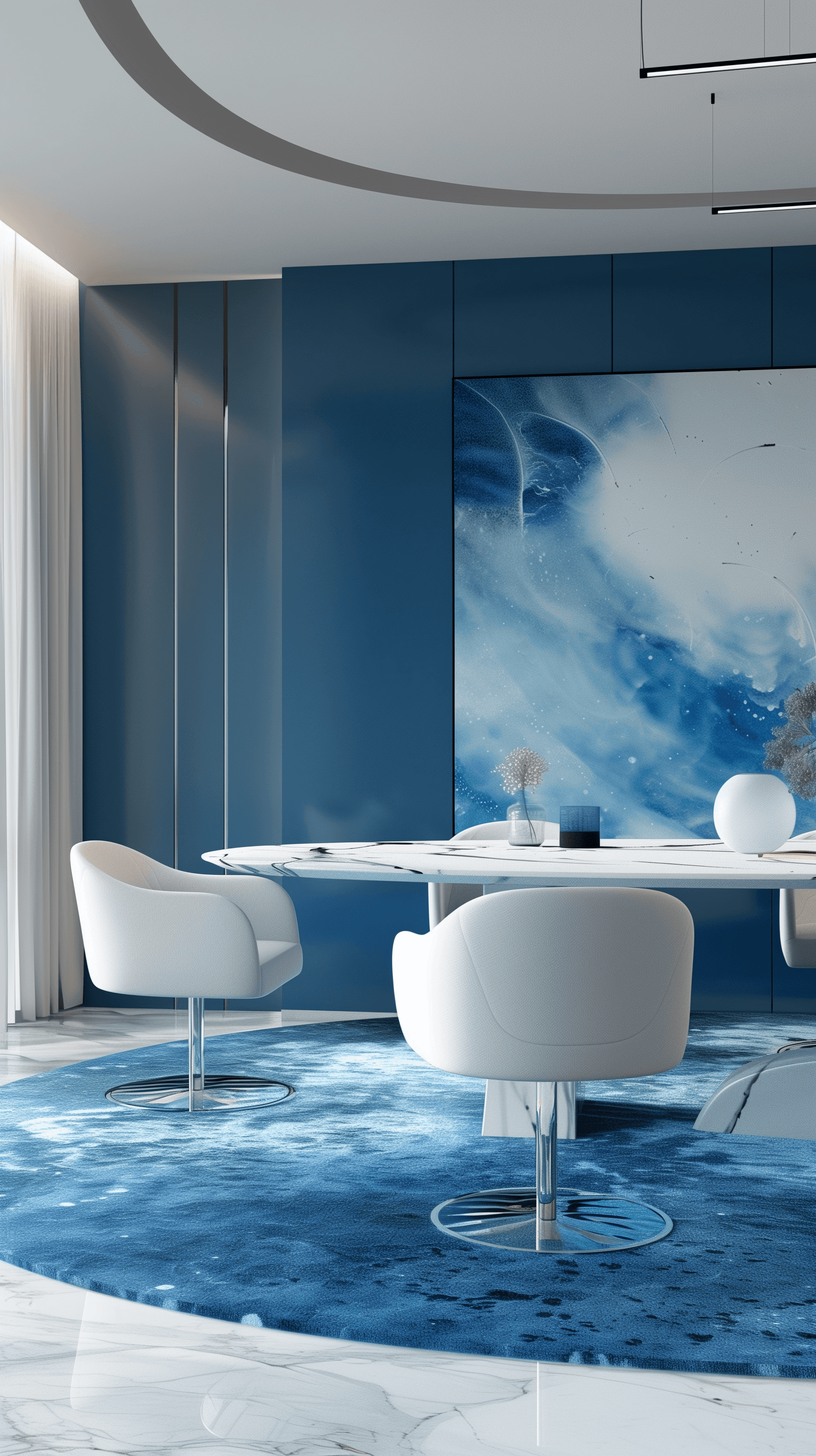 AI generated: photography, front view, contemporary dining space with a smooth marble table surrounded by white ch...