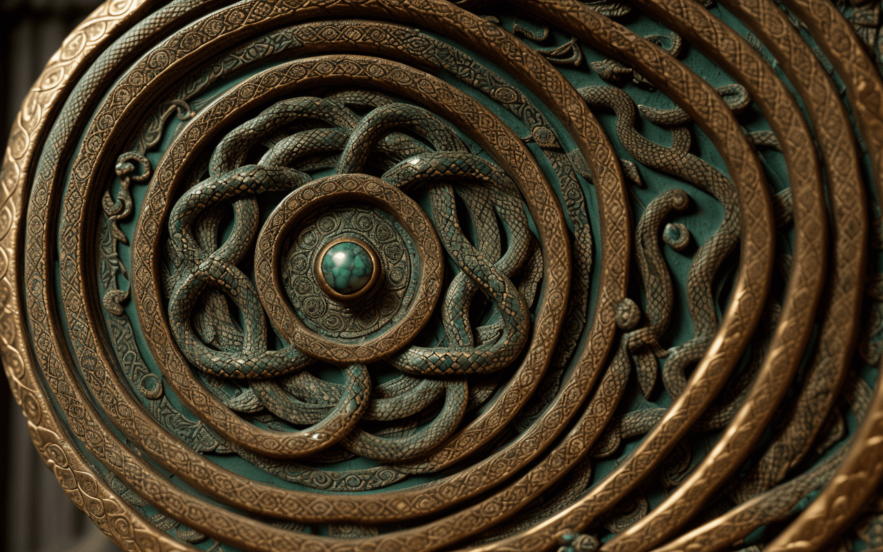 AI generated: statue andromeda,(entangled in snakes:1.1) ,decorative bronze, SYMBOLS,RUNES,green patina,(ambient o...