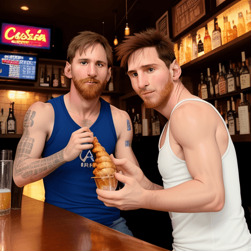 AI generated: Messi with a white man with brown eyes in a tank top eating chicken wings at a bar called Casa Ivan
