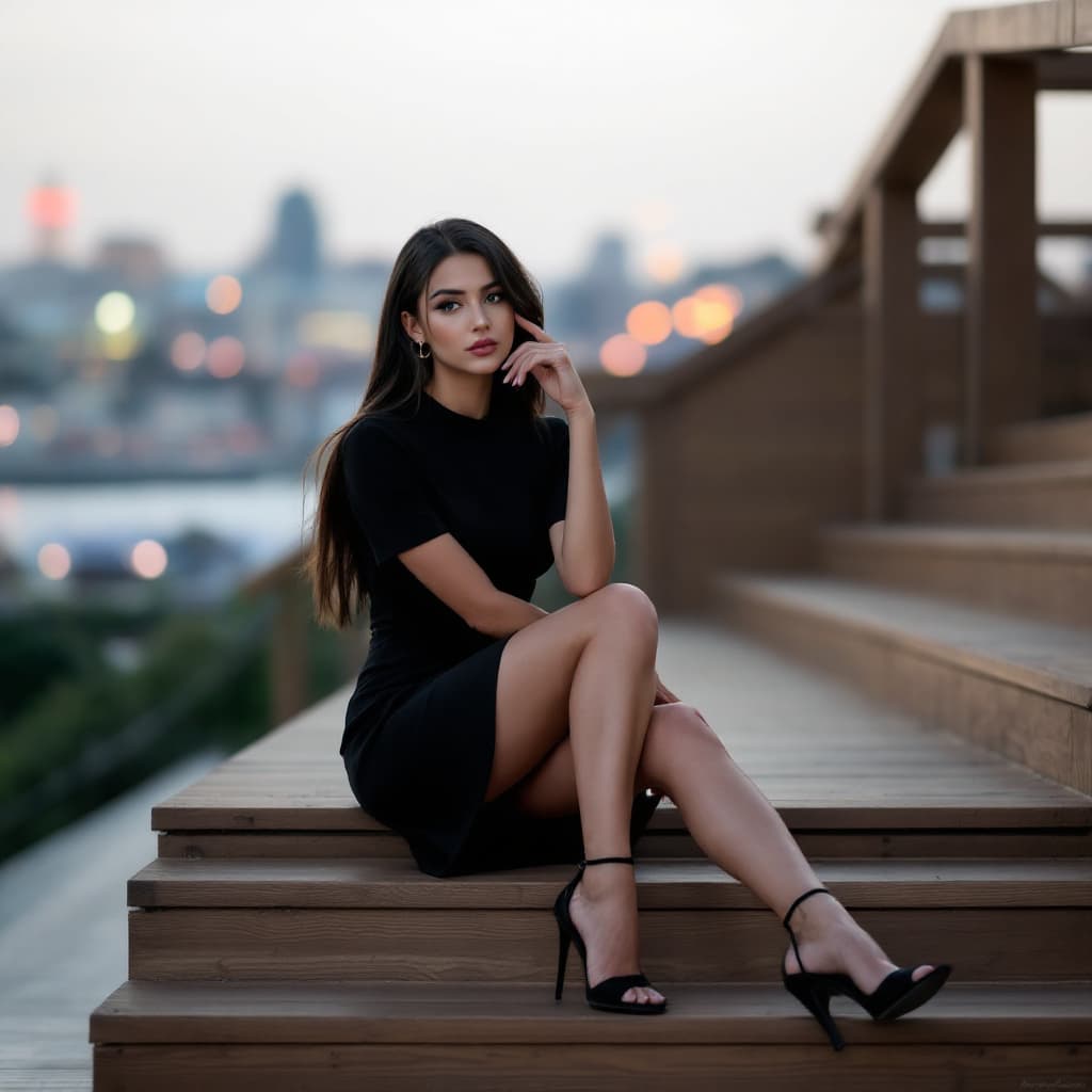 AI generated:  sitting on wooden steps leading up to the viewer. Her pose is elegant and contemplative, with her b...