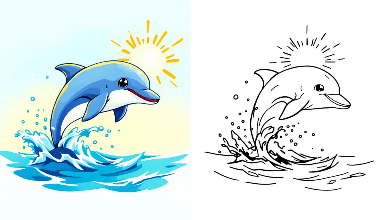 AI generated: Generate an image with a colored illustration of 'friendly dolphin jumping out of the ocean' on the ...
