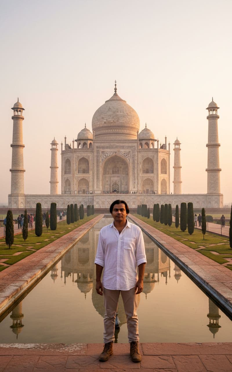 AI generated:  wide-angle shot of the Taj Mahal at sunrise, a man front of taj mahal, some people sceen around taj...