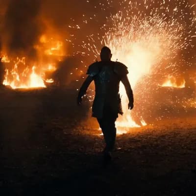 AI generated video: cinematic shot of a fearless warrior emerging from raging flames, his silhouette glowing against the...