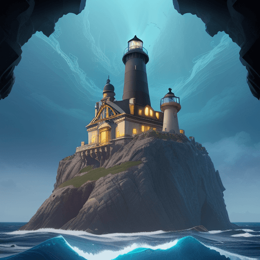 AI generated: An imposing lighthouse rising out of the sea, Sapphire waves, Ornate architecture, Vibrant colors, A...