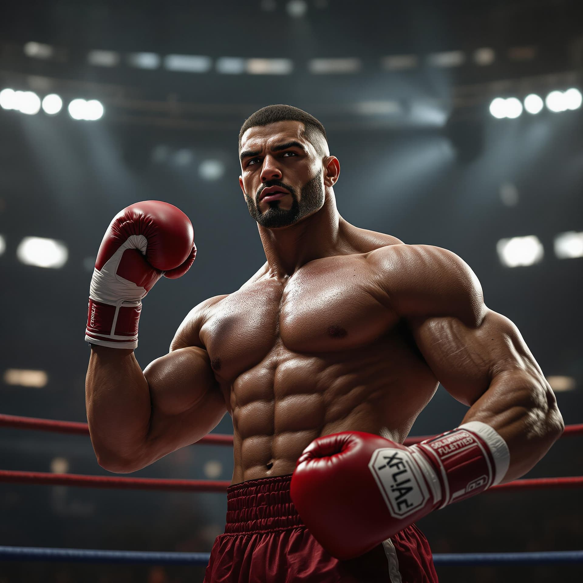 AI generated: powerful boxer stands in the ring and flexes his biceps, hyper realism, high detail, octane render, ...