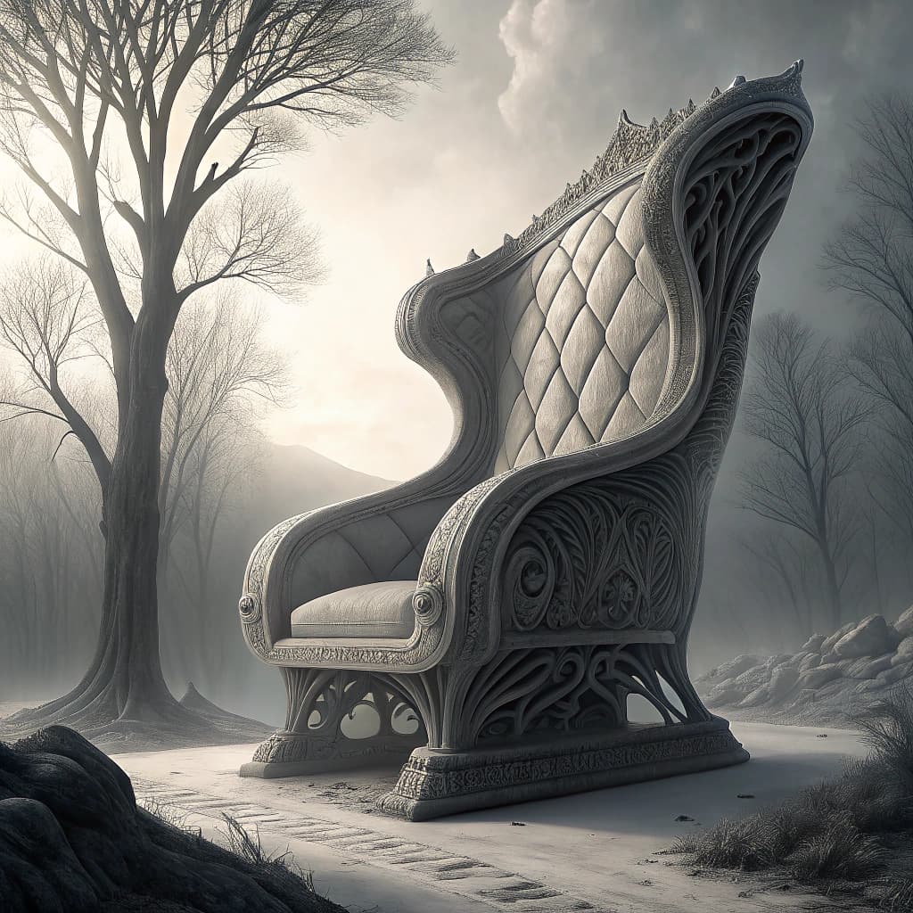AI generated: dreamscape huge HR Giger style chair, concept furniture, painting on grey, hyper realistic, illustra...