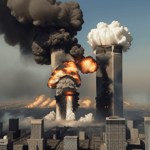 AI generated: Obama dropping a Nuke on the twin towers, screaming as well in a helicopter, smoke coming out of the...