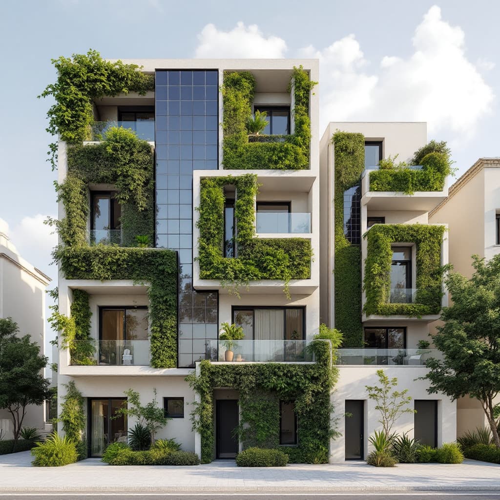 AI generated: An athenian block of buildings in Greece where there are vertical solar panels forming different geo...