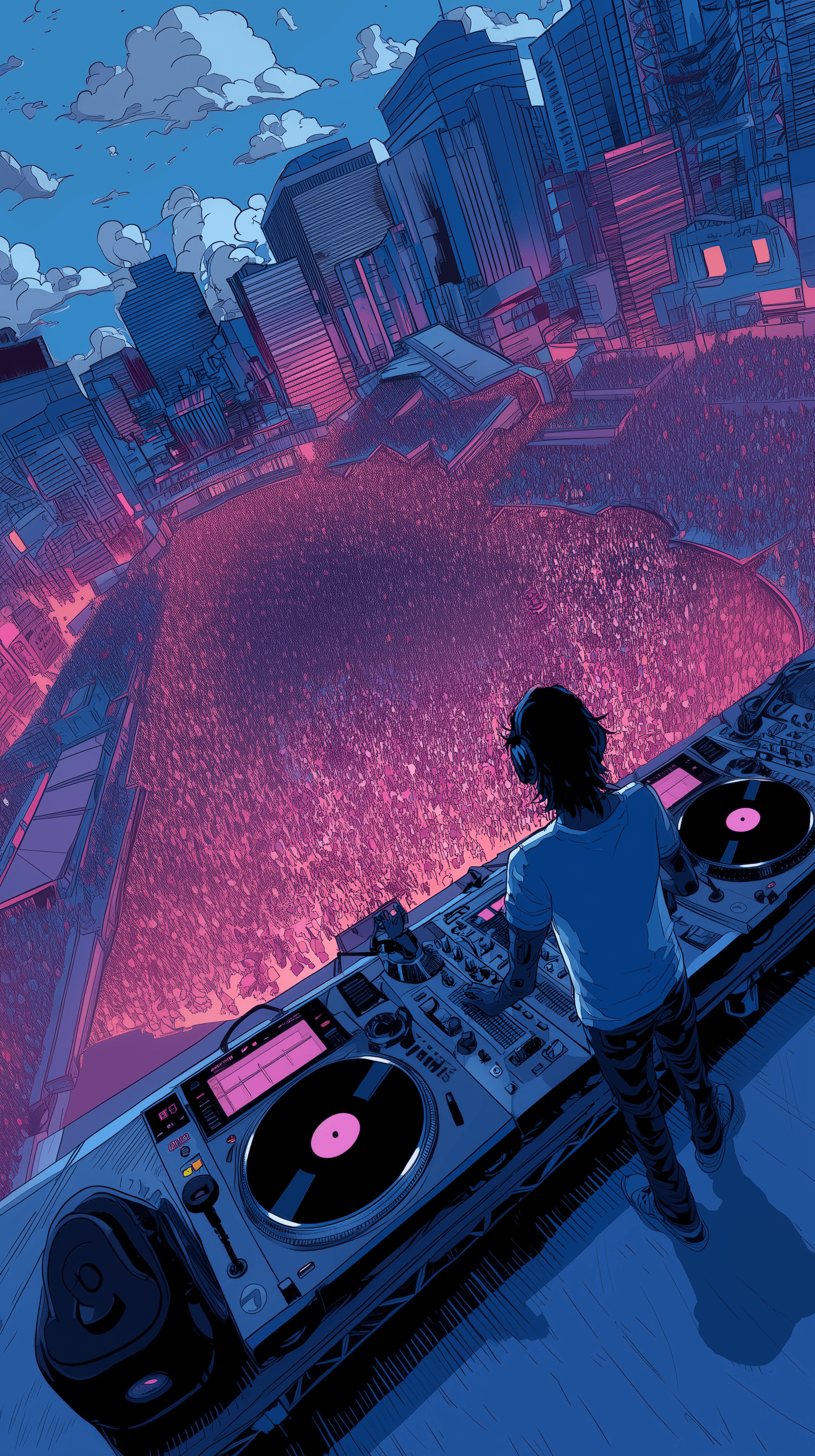 AI generated: GTA illustration, diagonal view, digital turntable and DJ, performing on gigantic stage with a massi...