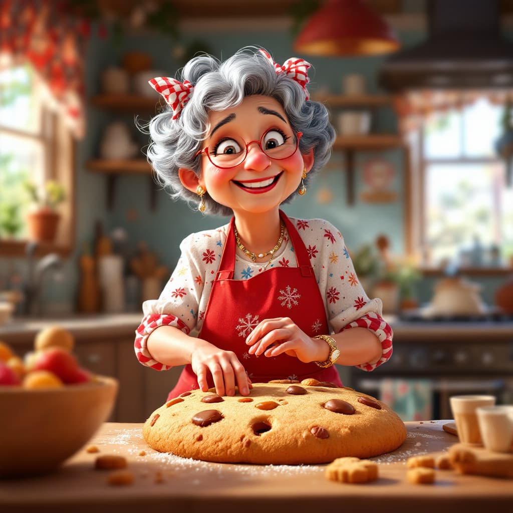 AI generated: charming scene of a loving grandma in her kitchen, shaping a giant cookie with a big smile, Pixar-in...