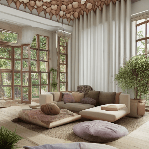 AI generated: High resolution photography interior design, dreamy sunken living room conversation pit, wooden floo...