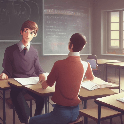 AI generated: A male student being taught by their teacher in a classroom, school, classroom, sitting in a chair, ...