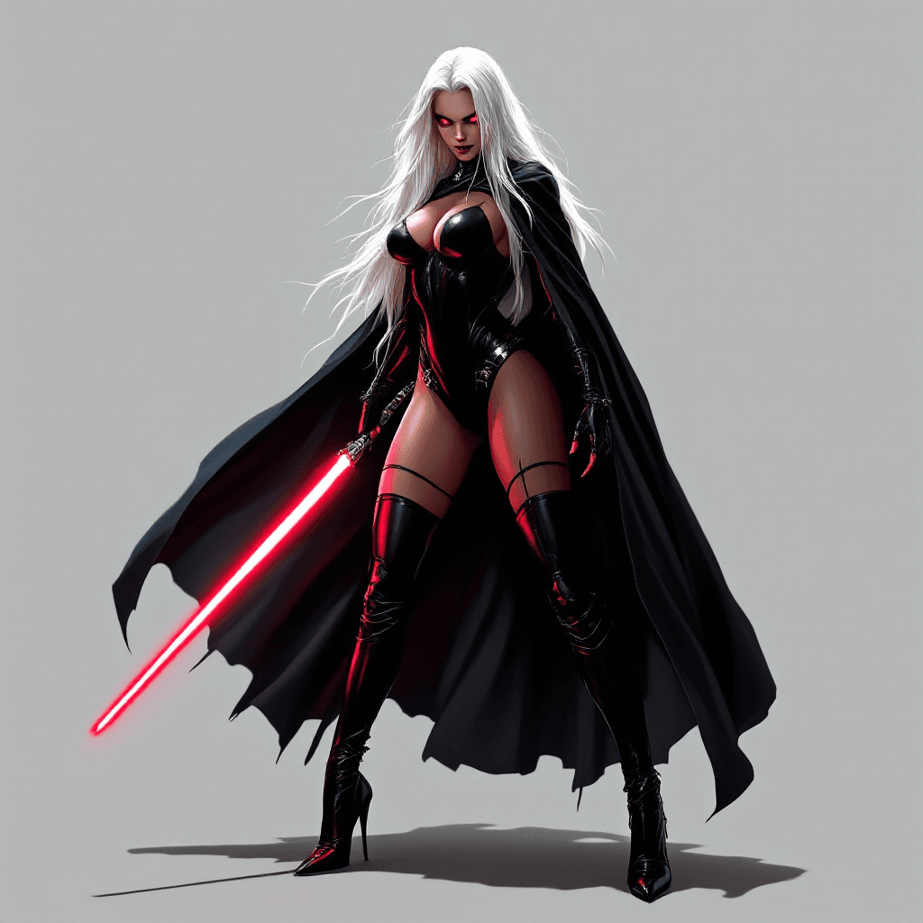 AI generated: Woman, tall, voluptuous, long white hair, Sith lord, one piece black leotard, black stiletto boots u...