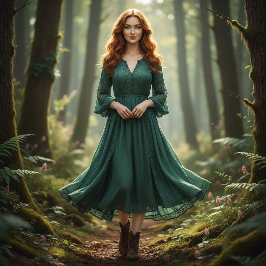 AI generated: Full Body View, Full Body Image, 29-year-old woman, ginger hair in soft waves, porcelain-white skin,...