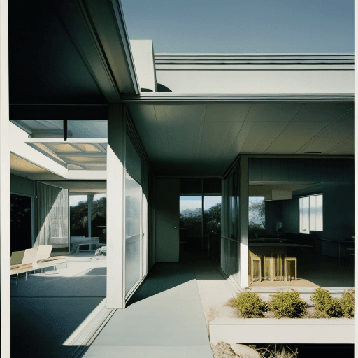 AI generated: Hyper realistic eye level exterior photo of a mid century modern style house overlooking the ocean, ...