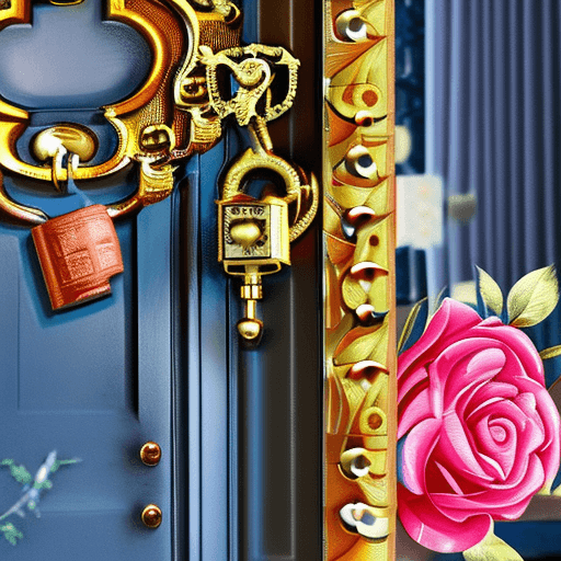 AI generated: 
Golden lock from the door surrounded by red and white roses and birds around
