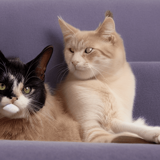 AI generated: Pixar style two cats lounging comfortably on a couch. The dominant color in the image is a soothing ...