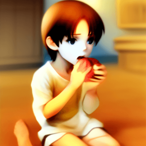 AI generated: fruits, basket, little boy, eating
