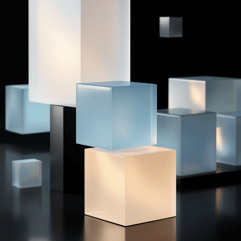 AI generated: 3D geometric shapes composition, translucent cubes in shades of ice blue, soft white and warm beige,...
