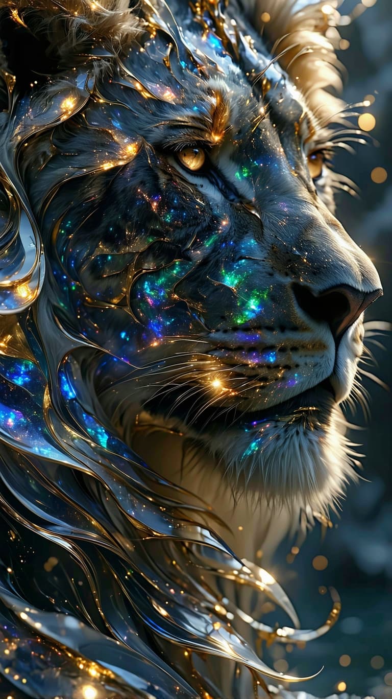 AI generated: 
hyper-realistic gold, opal quartz, neon hues, silver holographic reflections, and cosmic textures

...