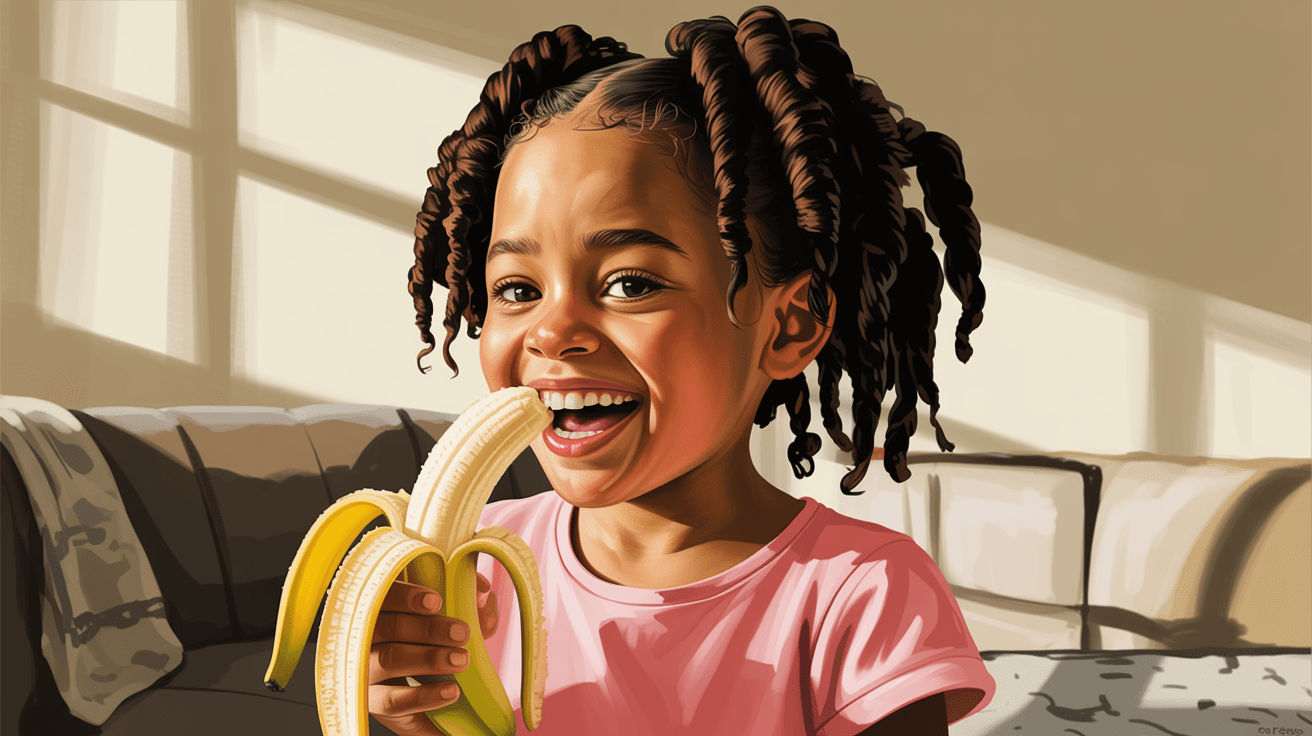 AI generated: black girl with curly hair eating a banana
