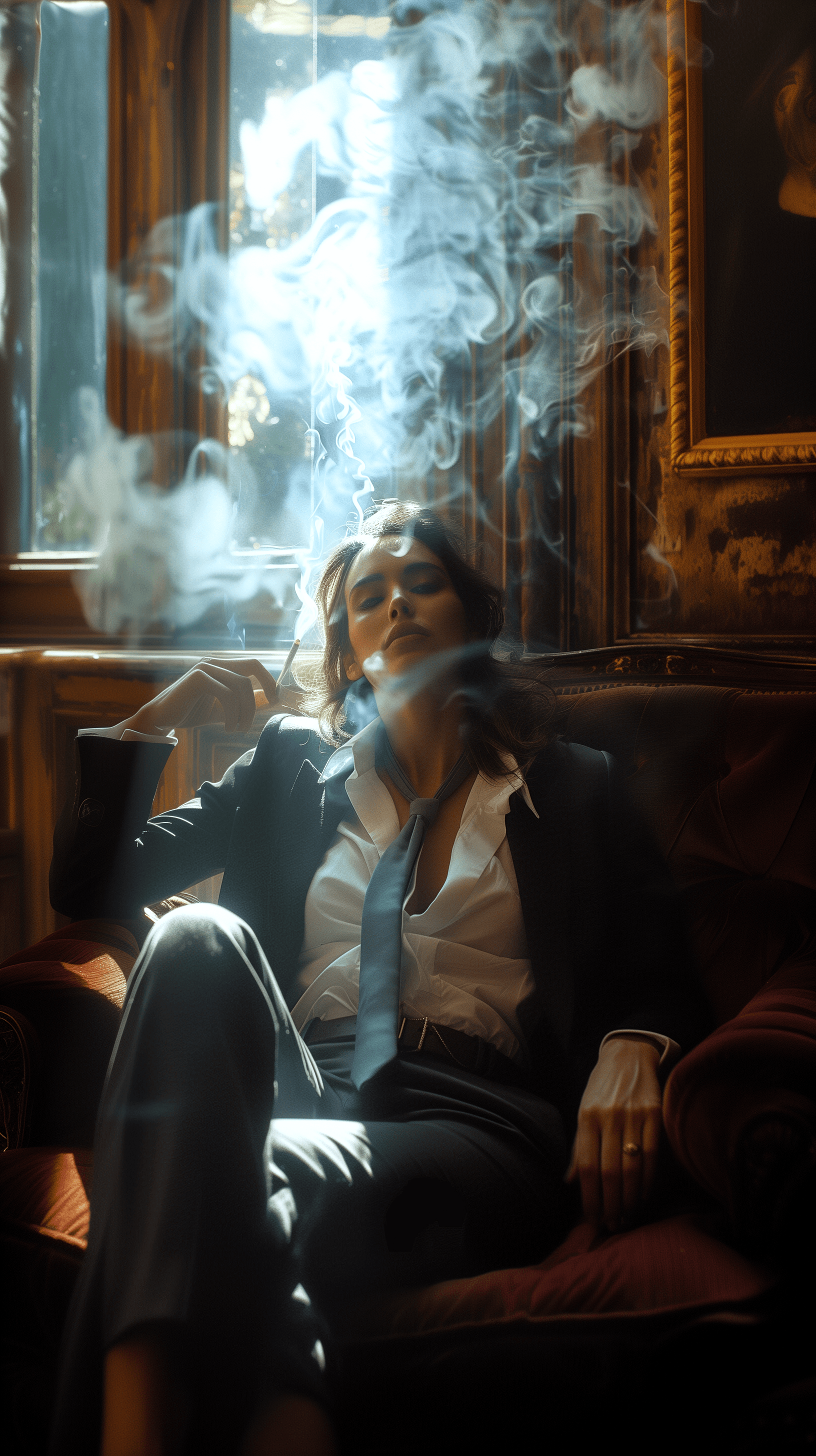 AI generated: photography, dimly lit room with a hazy atmosphere, capturing a female figure lounging on a deep cri...