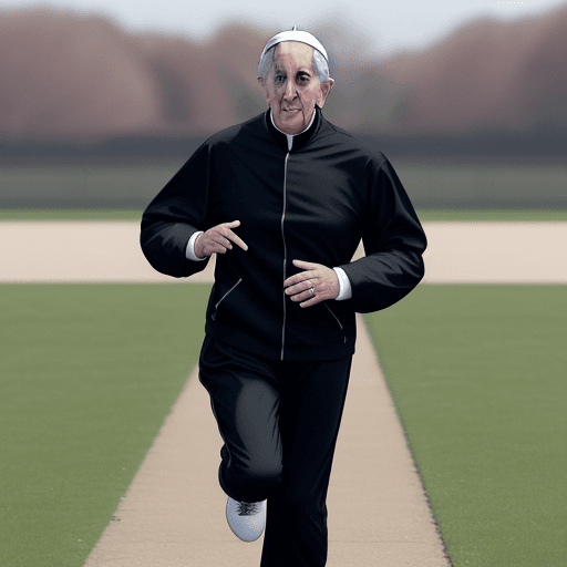 AI generated: pope francis wearing a black track suit, running on the park, POV, camera chase, real human, uhd --a...