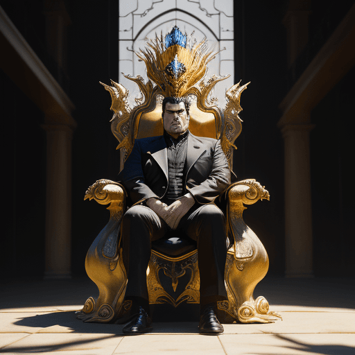 AI generated: Hyper realistic eye level exterior photo of steven segal sitting on a  magnificent golden thronedern...