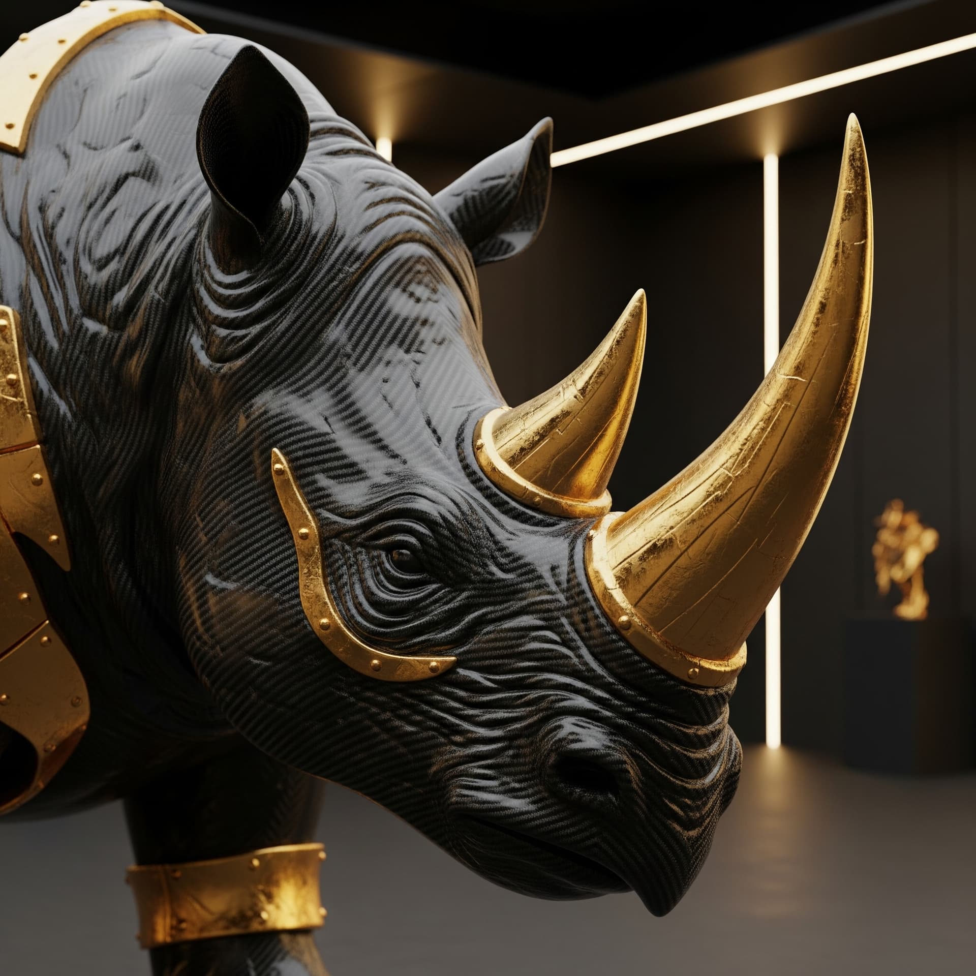 AI generated: A colossal rhinoceros, sculpted from pure forged carbon fiber, its massive form defined by rugged bl...