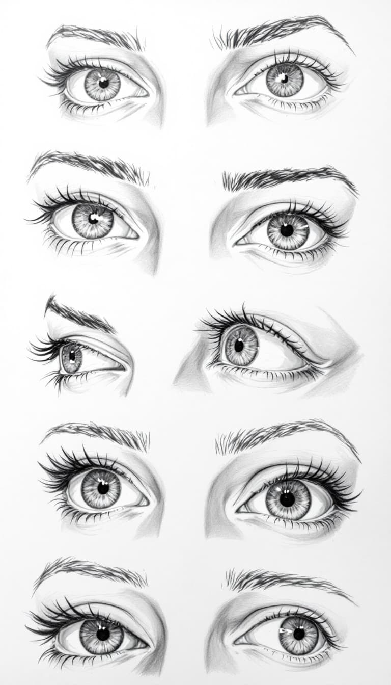 AI generated: pencil drawing of different sets of eyes from various angles
