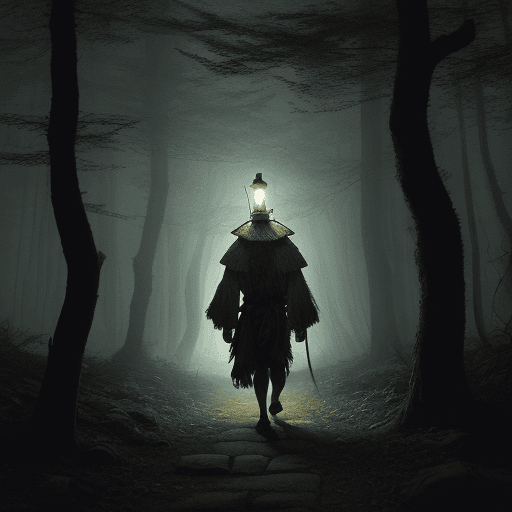AI generated: an ancient shaman walking in a dark forest with a lantern