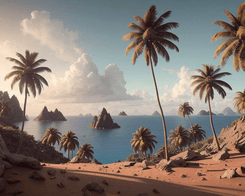 AI generated: mars hills, artstation, high contrast, extremly detailed, sharp focus, midday, sea, coconut trees, u...