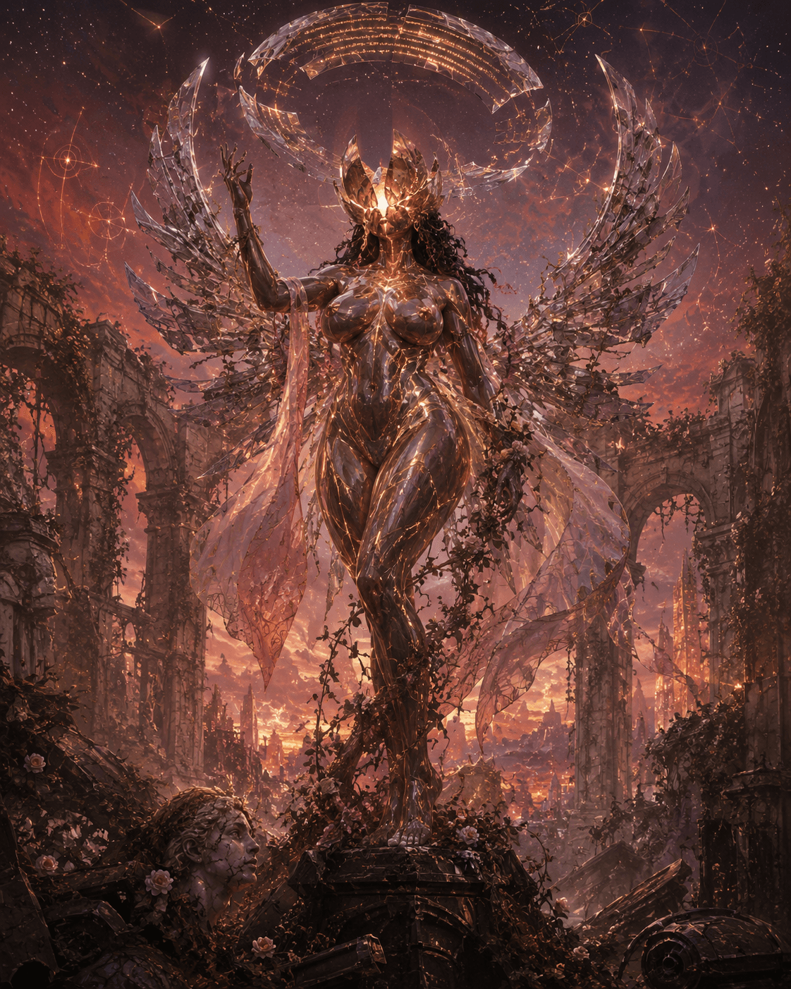 AI generated: In a crumbling sanctuary at the end of time, open to the sky and overtaken by wild overgrowth, a sol...