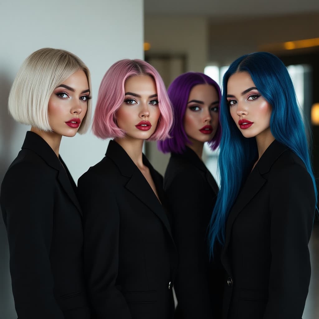AI generated: A high-fashion editorial picture from afar of four women servants in a style of modern fashion photo...