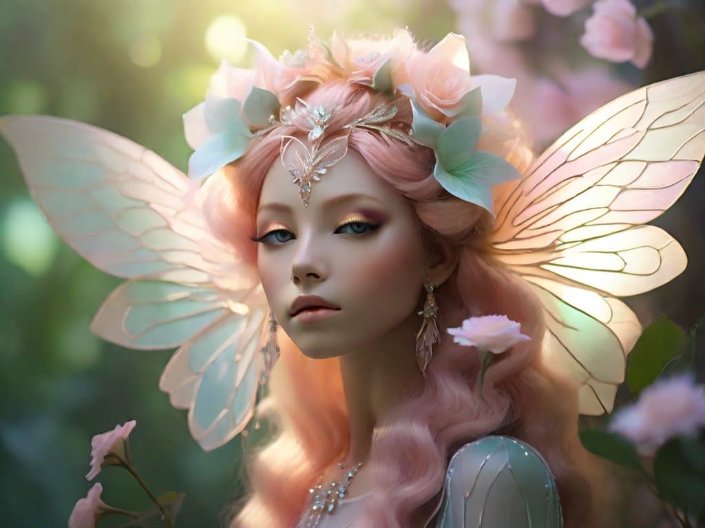 AI generated: A ethereal solarpunk nymph is captured in a dreamy pastel tones silhouette photograph. The image por...