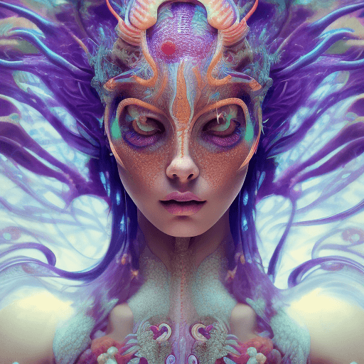 AI generated: Goddess close-up portrait ribcagel. jellyfish phoenix head, nautilus, orchid, skull, betta fish, bio...
