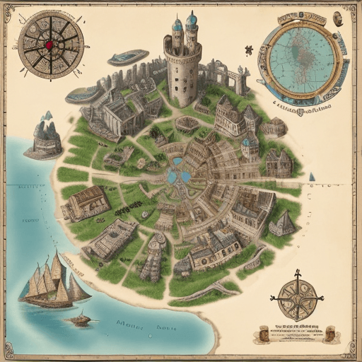 AI generated: Map of an island with steampunk city to the east,  medieval city west, small port town with a wizard...