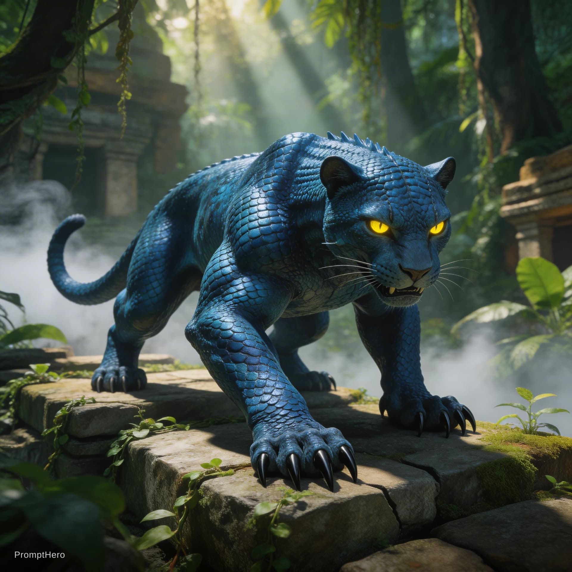 AI generated: a sleek blue-scaled panther-like creature with reptilian texture, glowing yellow eyes, crouched on a...