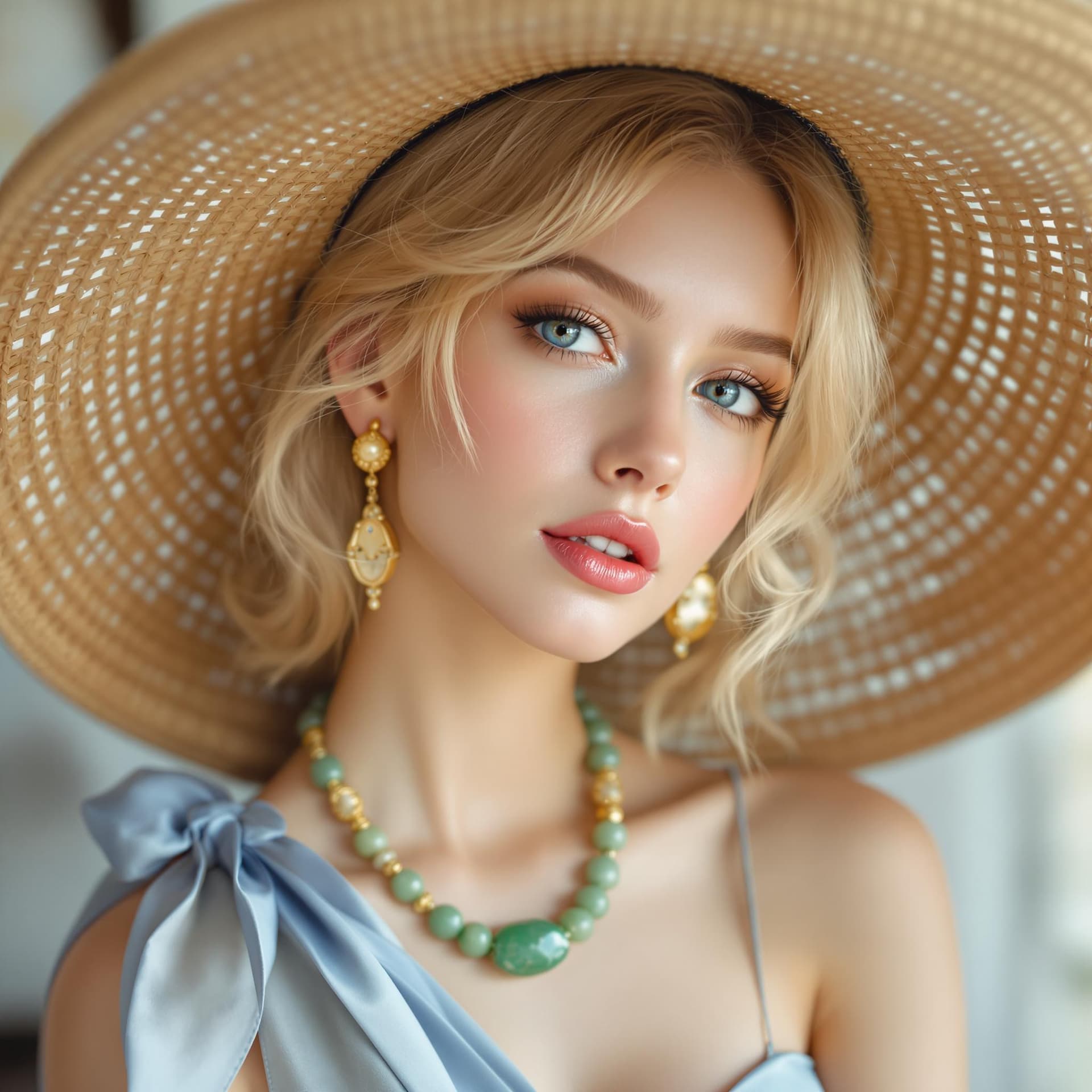 AI generated: blond girl in a blue silk is posing, soft, atmospheric lighting  Summer hat, gold earrings, beautifu...
