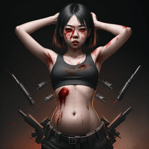AI generated: A photography of asian girl in crop-top shot in belly by machine gun bullets, belly bleeding, belly ...