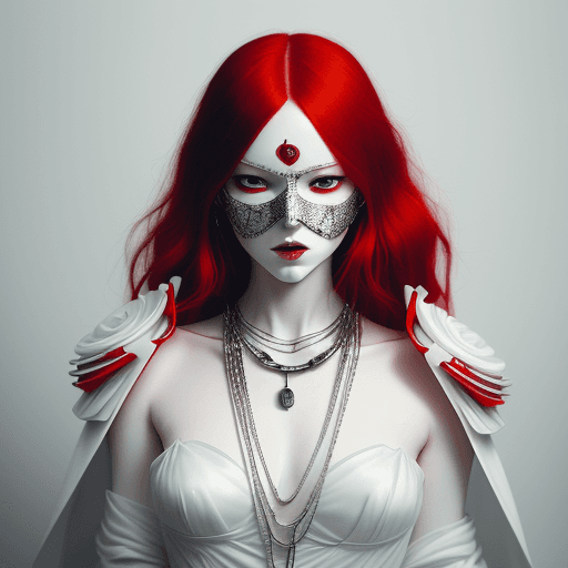 AI generated: A red haired woman wearing a white mask with chains and silver jewellery, with porcelain skin, in th...