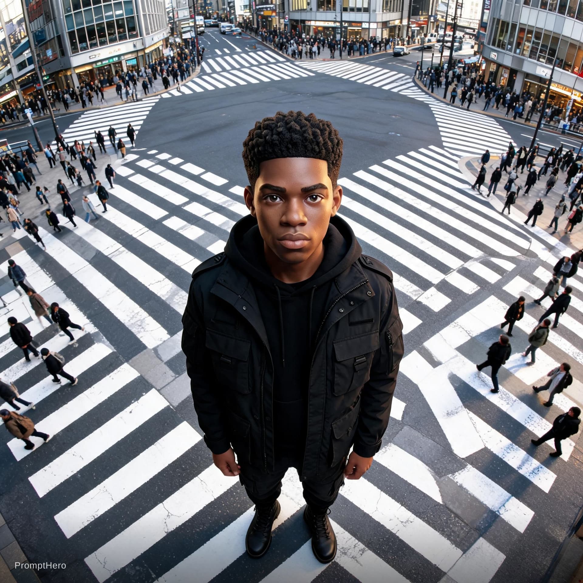 AI generated: Photography, high aerial view, Nigerian model, standing on massive a complicated crosswalk center in...