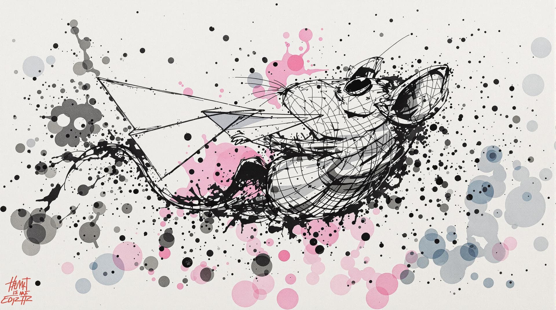 AI generated: cute Mouse with straight face flying a paper airplane, detailed,ink style,Ink splash art on the back...