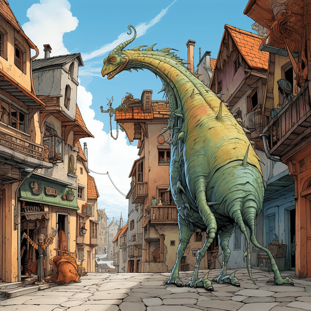 AI generated: giant creature shaped like a lizard, walking using all four legs, medieval town with wooden building...
