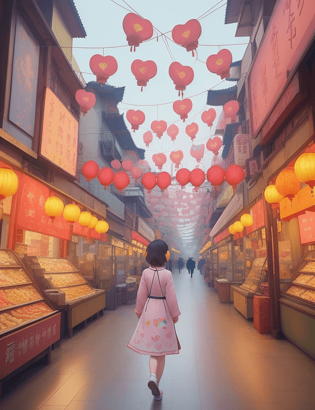 AI generated: " a cute cate walk ing in market china town" intricate geometric designs and kawaii Style cute calmi...