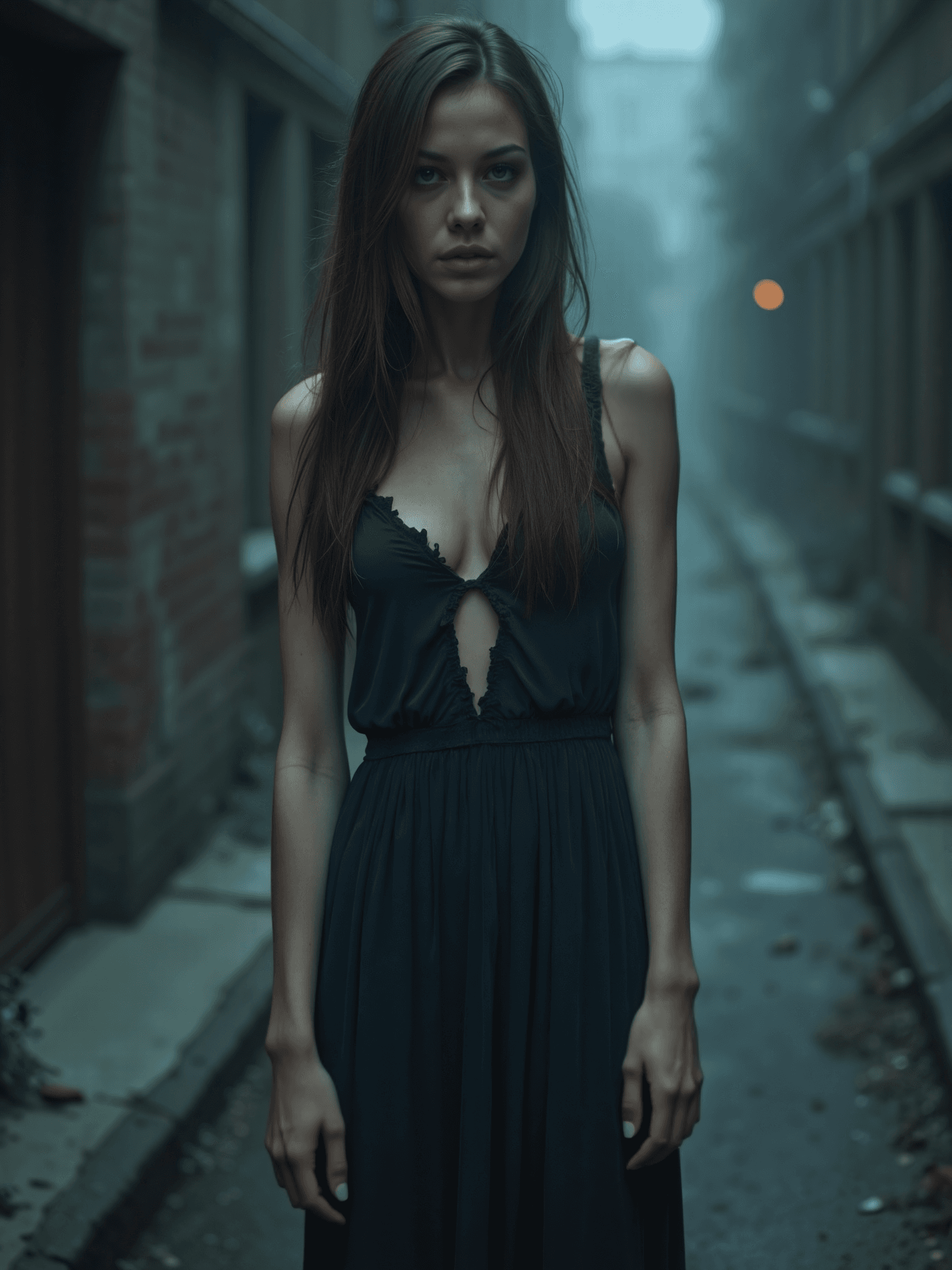 AI generated: woman, torn dress, dark alley, looking at camera, symmetrical hands:1.1, aligned eyes:1.1, anatomicl...