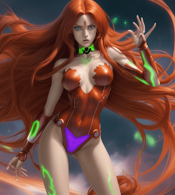 AI generated: anime, teen titan Starfire, action pose, full body image, long red flowing hair, highlights in eyes ...