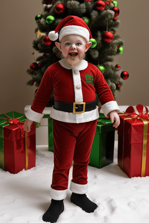 AI generated: The image features a baby dressed as Santa, but with a Elf. He is standing in front a decorated xmas...