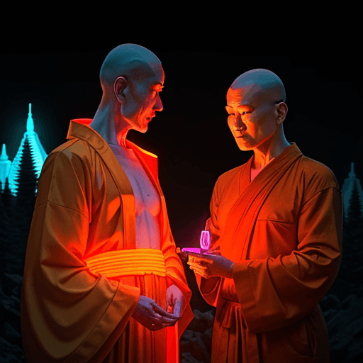 AI generated: old buddhist monk master teaches cyberpunk buddhist adult on a neon lit mountain, standing in his or...